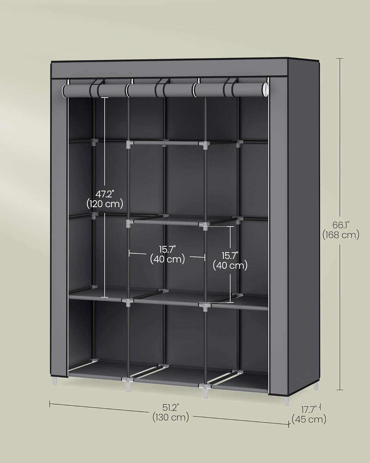 SONGMICS Portable Closet, 51.2 Inch Large Capacity Wardrobe Closet Organizer with Fabric Cover, Hanging Rods and Shelves, 51.2 x 17.7 x 66.1 Inches, for Bedroom, Living Room, Dove Grey URYG096G01
