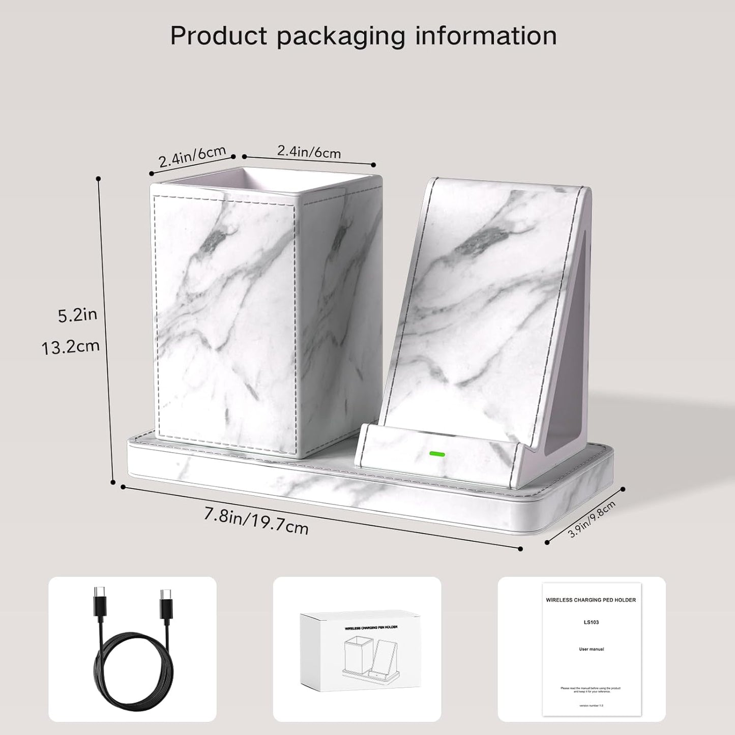 Multi-Functional Pencil Holder for Desk,marble Vegan Leather Organizers with Remote Control Holder,Pencil Holder Desk Organizer with Phone Wireless Charger for Office/Nightstand/Endtable