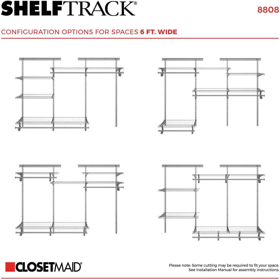 ClosetMaid ShelfTrack Wire Closet Organizer System, Adjustable from 4 to 6 Ft., With Shelves, Clothes Rods, Hardware, Durable Steel, Satin Chrome