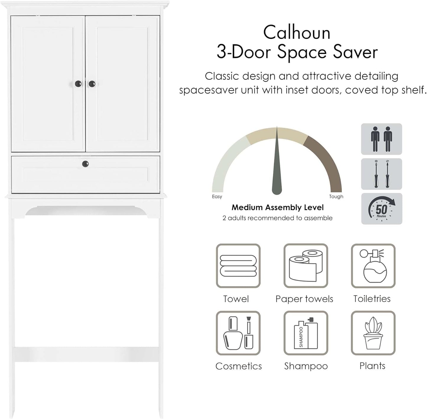 Spirich Over The Toilet Storage Cabinet, Bathroom Above Toilet Storage Cabinet with Doors and Adjustable Shelves, White