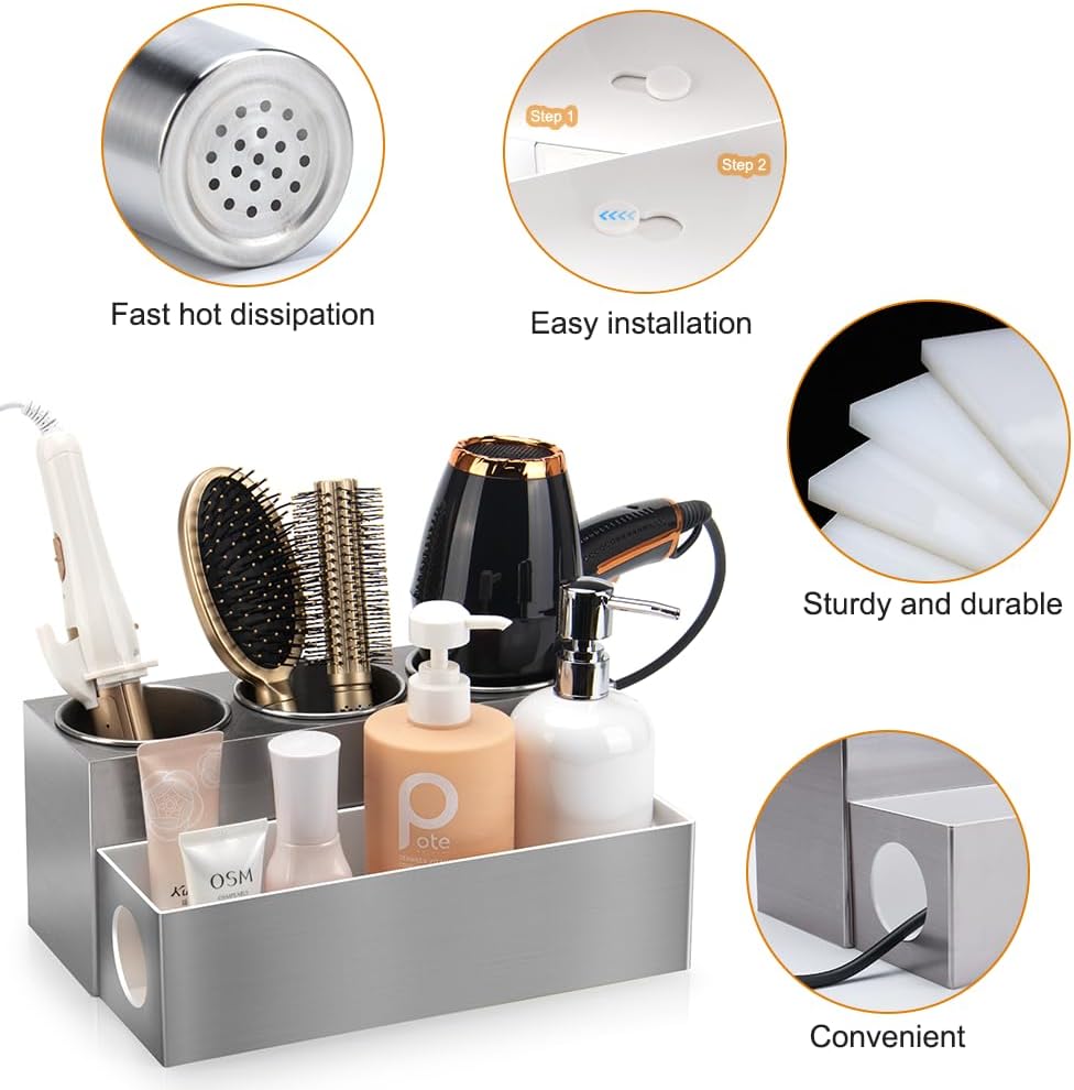 Hair Tool Organizer - Bathroom Vanity Organizers and Storage, Hair Styling Accessories Hot Tools Organizer Hair Dryer, Blow Dryer, Curling Iron, Flat Iron, Hair Straightener, Silver