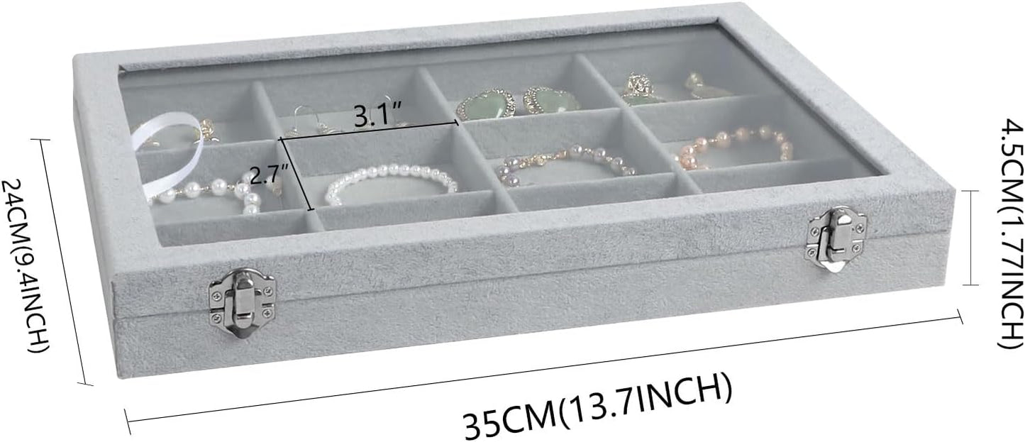 Wudygirl 12 Grid Jewelry Organizer Velvet Jewelry Tray with Clear Lid Jewelry Box Bracelet Holder Display Case Storage Bracelets Rings Earrings Organizer (12 Grid)