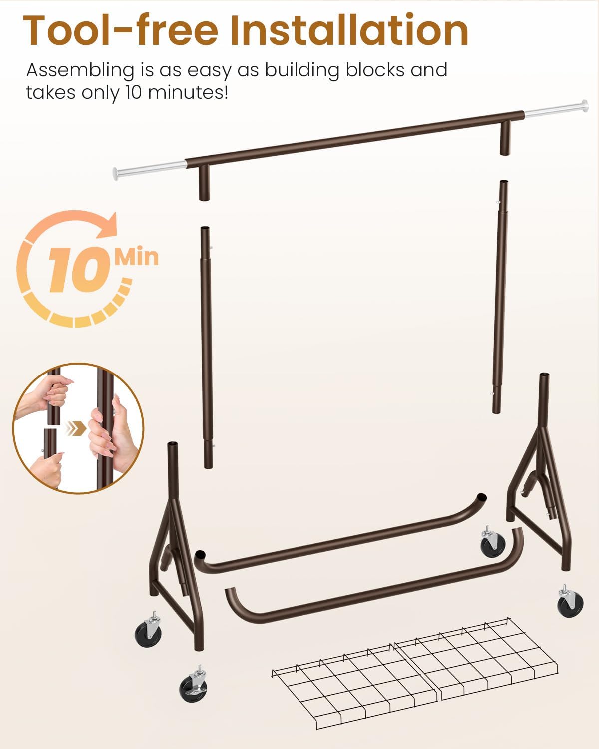 Heavy Duty Clothing Rack, Metal Clothes Rack Load 450 LBS, Rolling Coat Racks for Hanging Clothes with Lockable Wheels, Wardrobe Closet Garment Racks for Bedroom, Brown