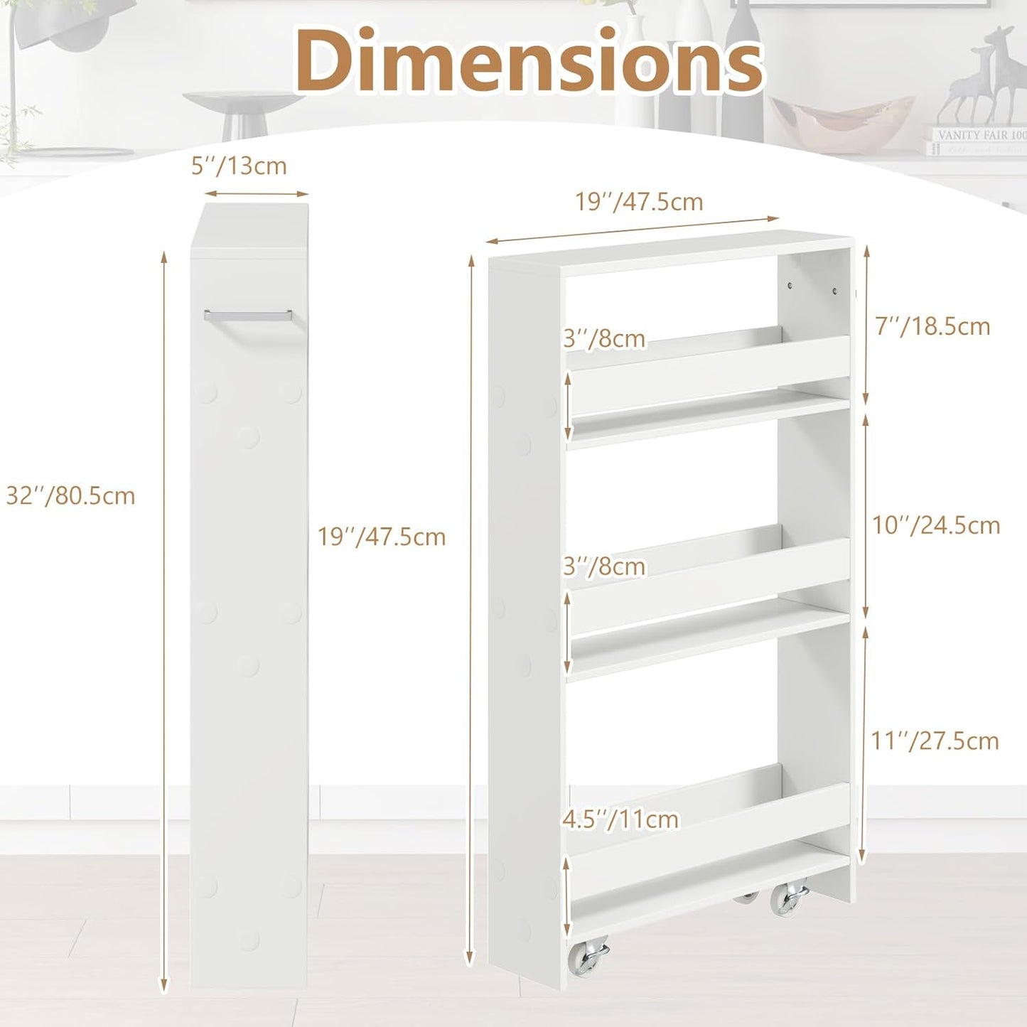 Slim Rolling Storage Cart, 4 Tier Narrow Kitchen Cart with Wheels, Between Washer and Dryer Cart, Wood Shelving Unit Organizer w/Handle for Small Spaces (White, 5-Inch)