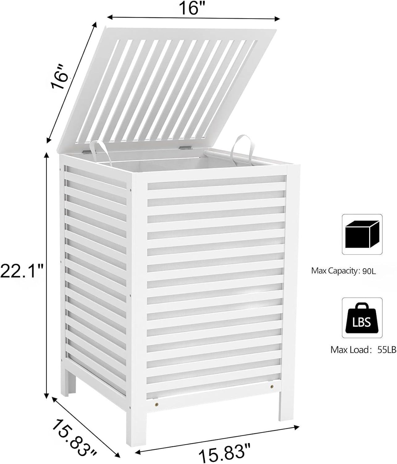 VASMIA Laundry Hamper with Lid, 90L Bamboo Large Laundry Basket with Removable Bag,Dirty Clothes Hamper for Bedroom Bathroom White