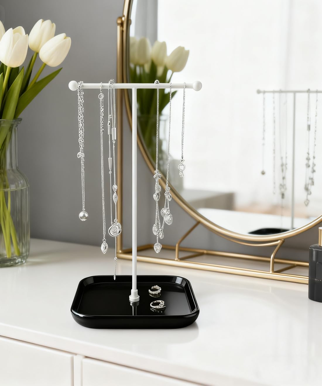VROOMIUM Necklace Holder- Ceramic Base 1ft Height Jewelry Organizer Stand, Aesthetic Jewelry Hanger Display for Necklaces, Bracelets, Rings, Exhibidor de Collares-Minimalist Black