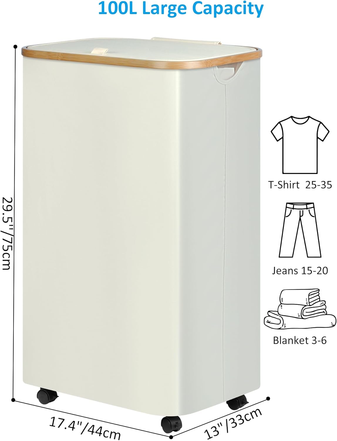 efluky Slim Laundry Basket with Wheels, Narrow Rolling Laundry Hamper with Lid and Removable Bag, Tall Aesthetic Dirty Clothes Hamper on Wheels for Laundry Room, Bedroom, Dorm and Bathroom, 100L Beige