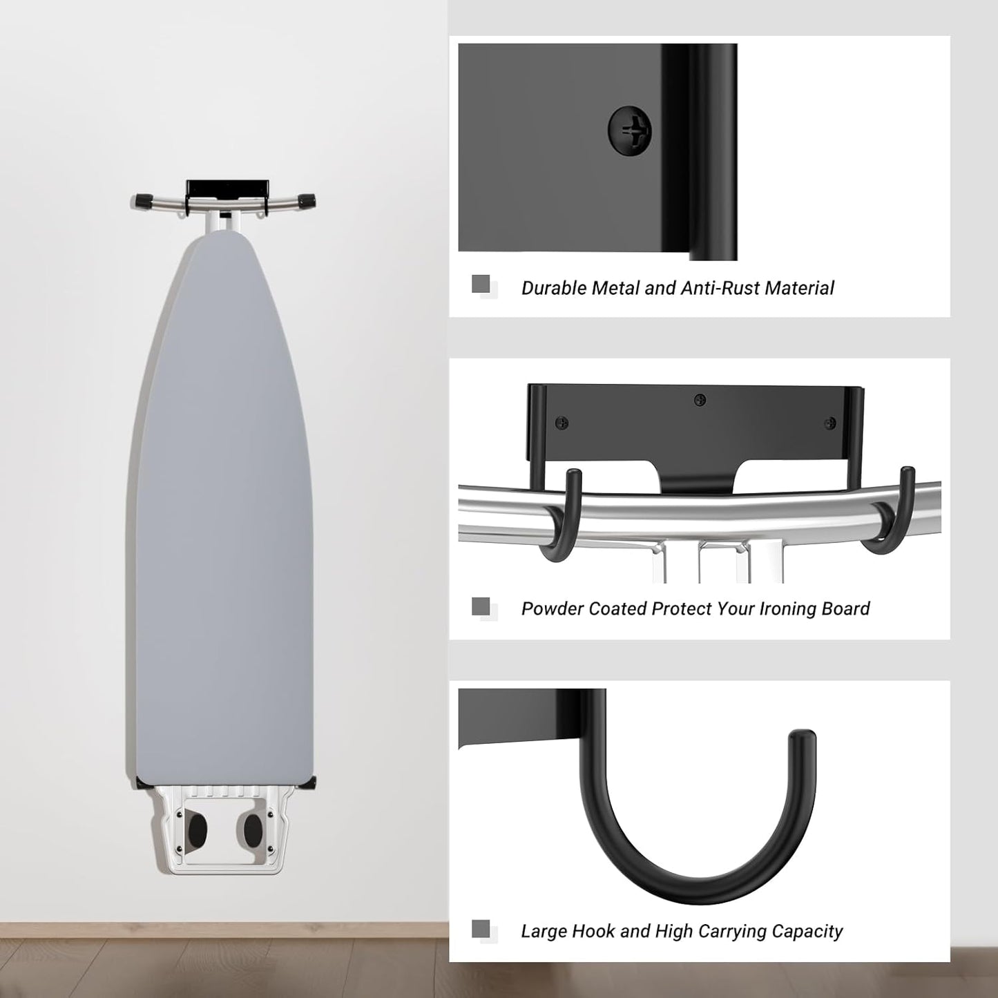 ORLESS Ironing Board Holder Wall Mount, Ironing Board Hanger, Iron Board Holder, Small Y or T Leg Iron Board Hook Wall Mount for Laundry Rooms, 6 Inch(Black)