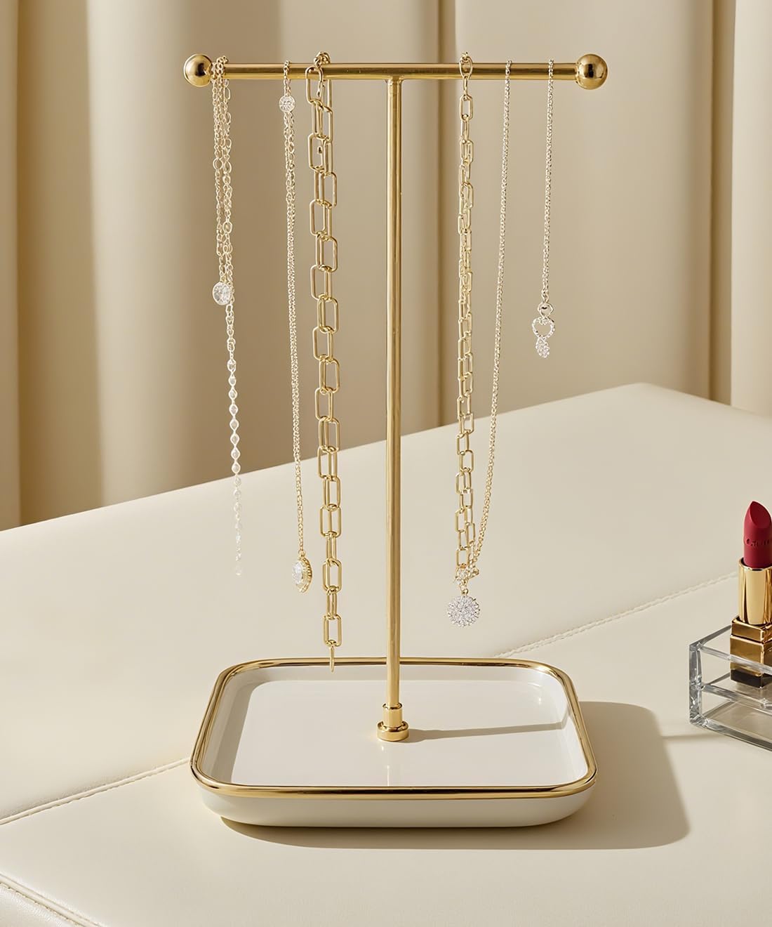 VROOMIUM Necklace Holder- Ceramic Base 1ft Height Jewelry Organizer Stand, Aesthetic Jewelry Hanger Display for Necklaces, Bracelets, Rings, Exhibidor de Collares-Classic White