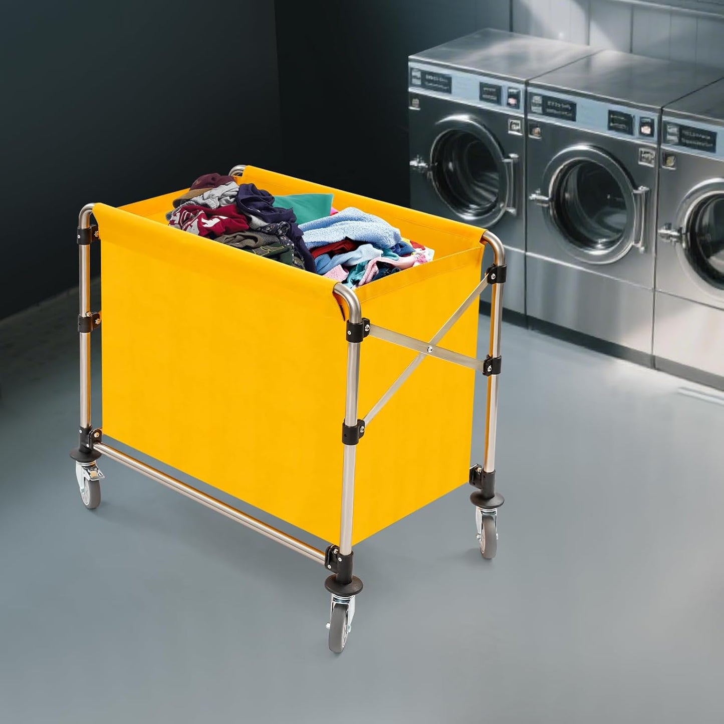 Commercial Laundry Cart with Wheels,Folding Laundry Hamper Cart,Heavy Duty Rolling Laundry Basket with Large Capacity,Laundry Sorter Trolley for Home Hotel Apartment (Yellow, 34.25 * 20.47 * 30.7in)