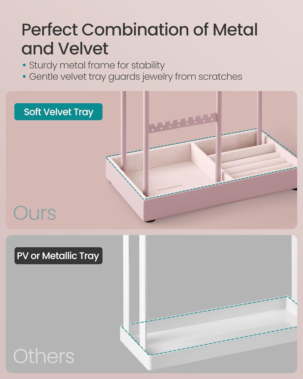 SONGMICS Jewelry Holder, Jewelry Organizer, Jewelry Display Stand with Metal Frame, Velvet Tray, Necklace Earring Bracelet Holder, for Studs, Rings, Christmas Gift, Jelly Pink UJJS021R01