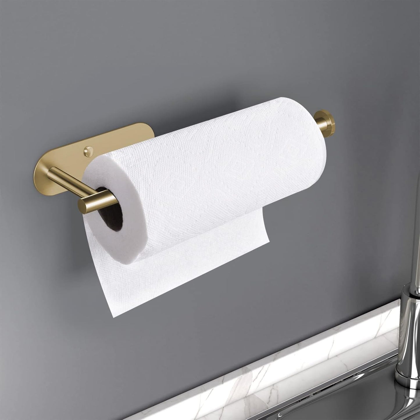HUFEEOH Adhesive Paper Towel Holder Under Cabinet Wall Mount for Kitchen Paper Towel, Stainless Steel Paper Towel Roll Rack for Bathroom Towel (Gold, Thick)