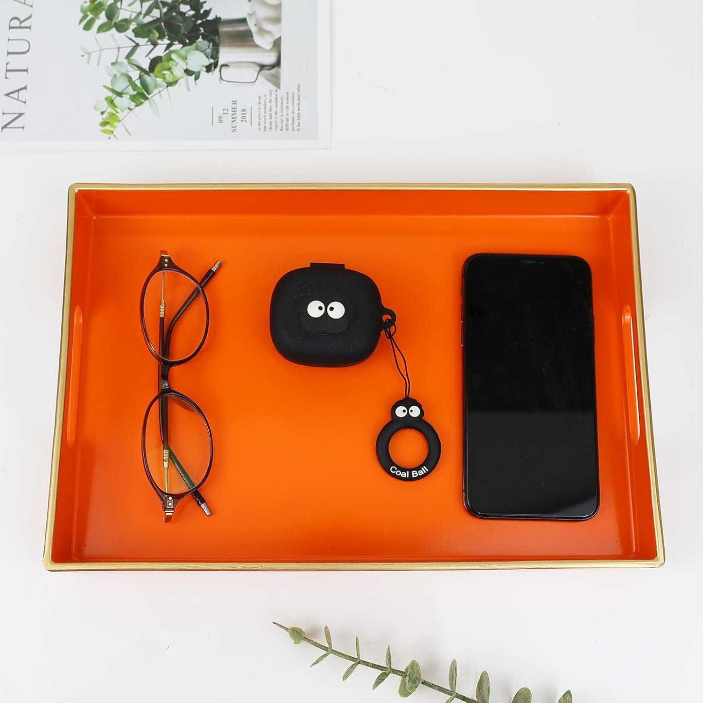 Spsyrine Orange Bathroom Vanity Tray with Handles for Dresser Tops, Countertop, Perfume Decorative Tray, 11.8” * 7.87” *1.37”