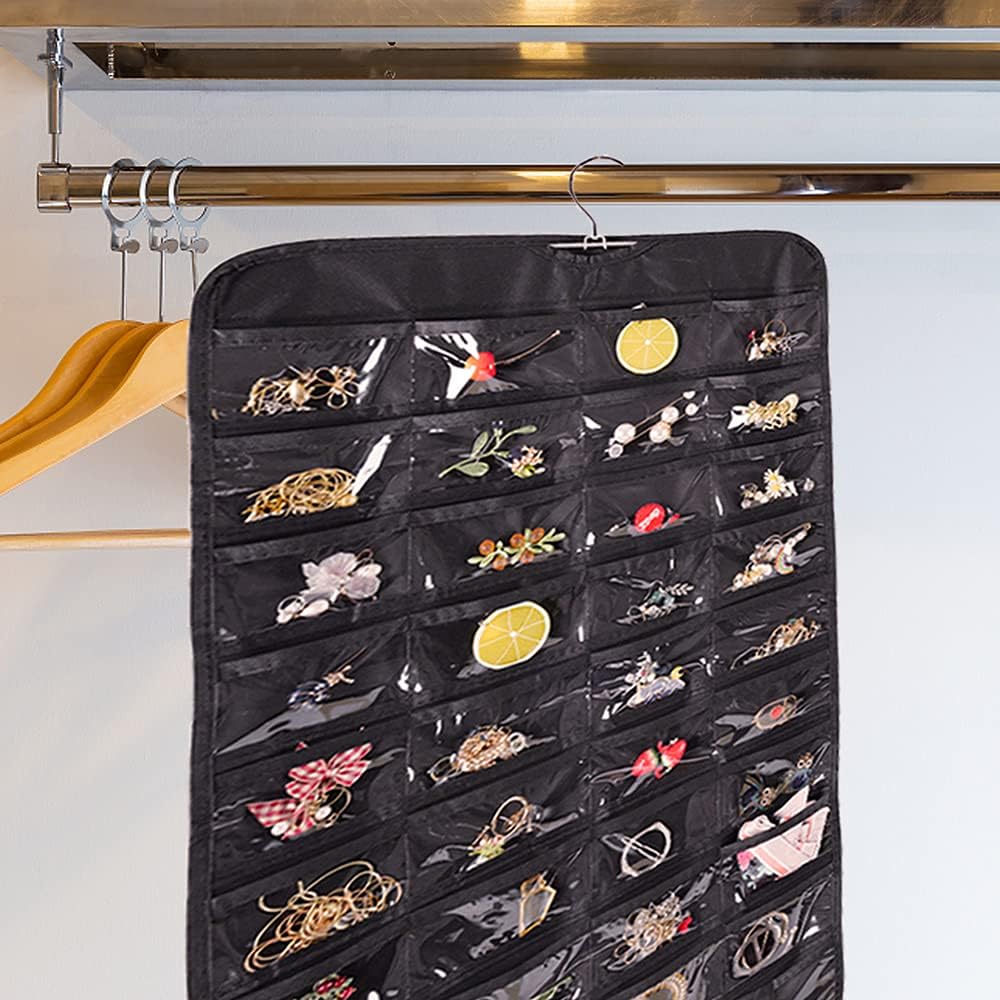 Cemueo Hanging Jewelry Organizer, Double Sided 80 Pocket Jewelry Chain Storage Bag 2 Layer of Fabric Jewelry Organizer Holder for Necklace Bracelet Earring Ring Chain Knitting Tool-Black