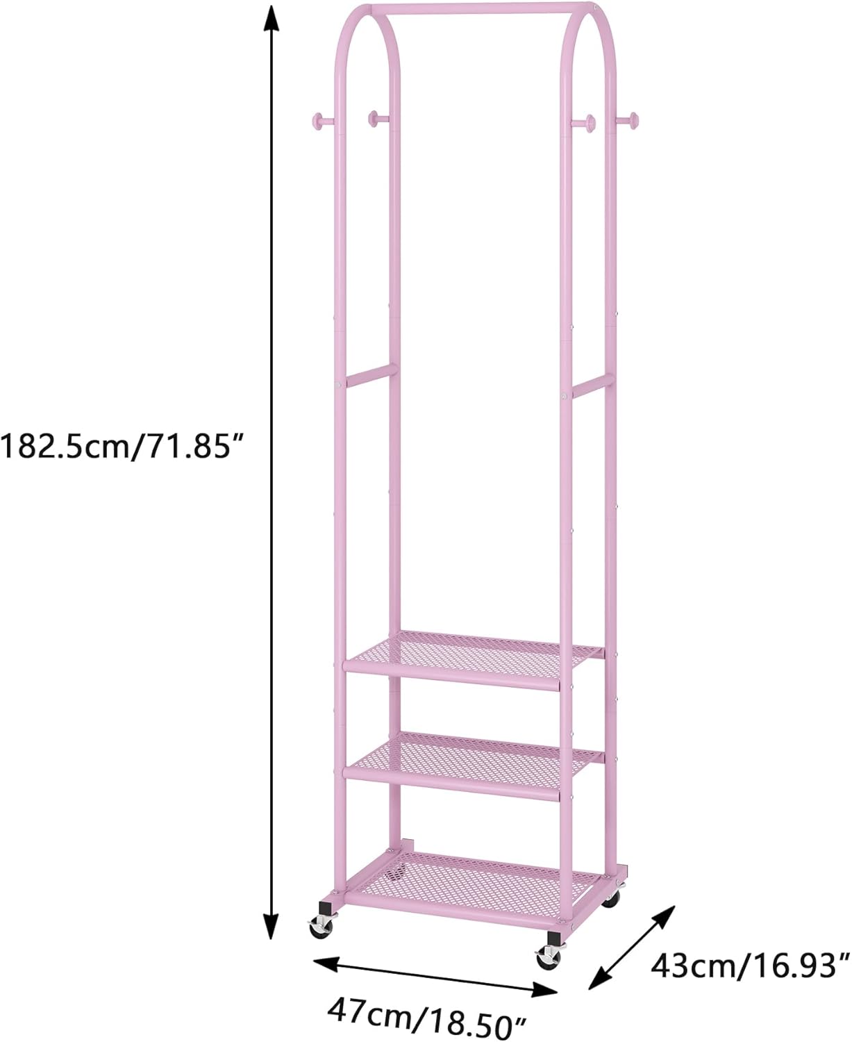 Heavy Duty Clothing Rack with Wheels,Modern Garment Rack with 3 Metal Shelves, 71.8Inches Display Rack for Hanging Clothes, Hanging Rod for Small Space,Pink