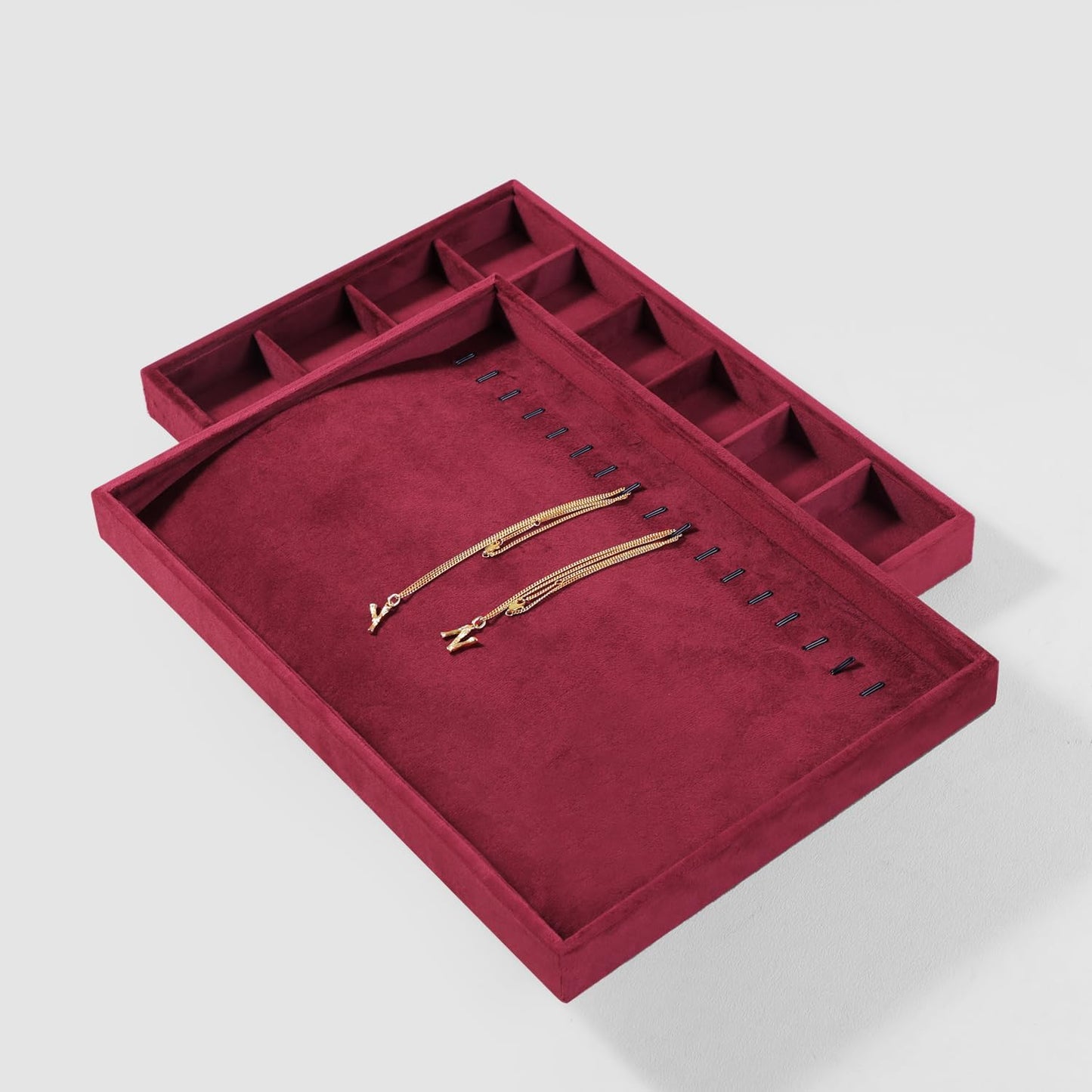 Velvet Jewelry Display Tray For Bracelet Pendant Necklace, Multi-Slot Stackable Storage Tray For Long Chain Jewelries, Drawer Insert Jewelry Organizer (Red)