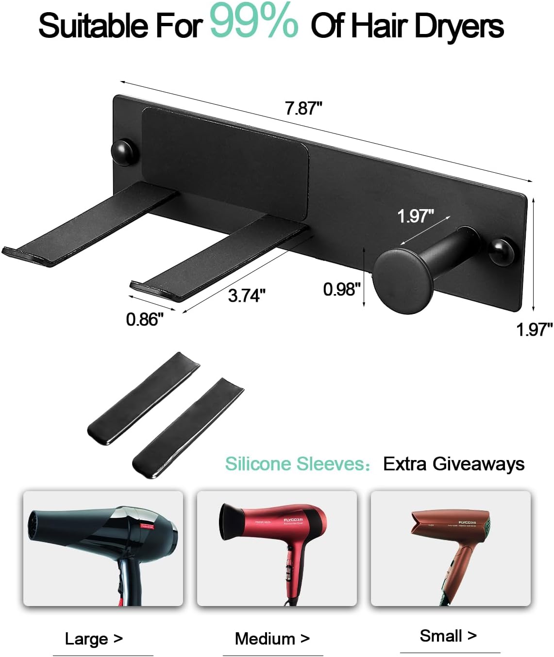 Hair Dryer Holder Wall Mount Matte Black Hair Dryer Holder for Bathroom Cabinet SUS 304 Stainless Steel Blow Dryer Holder Compatible with Dyson Hair Dryers