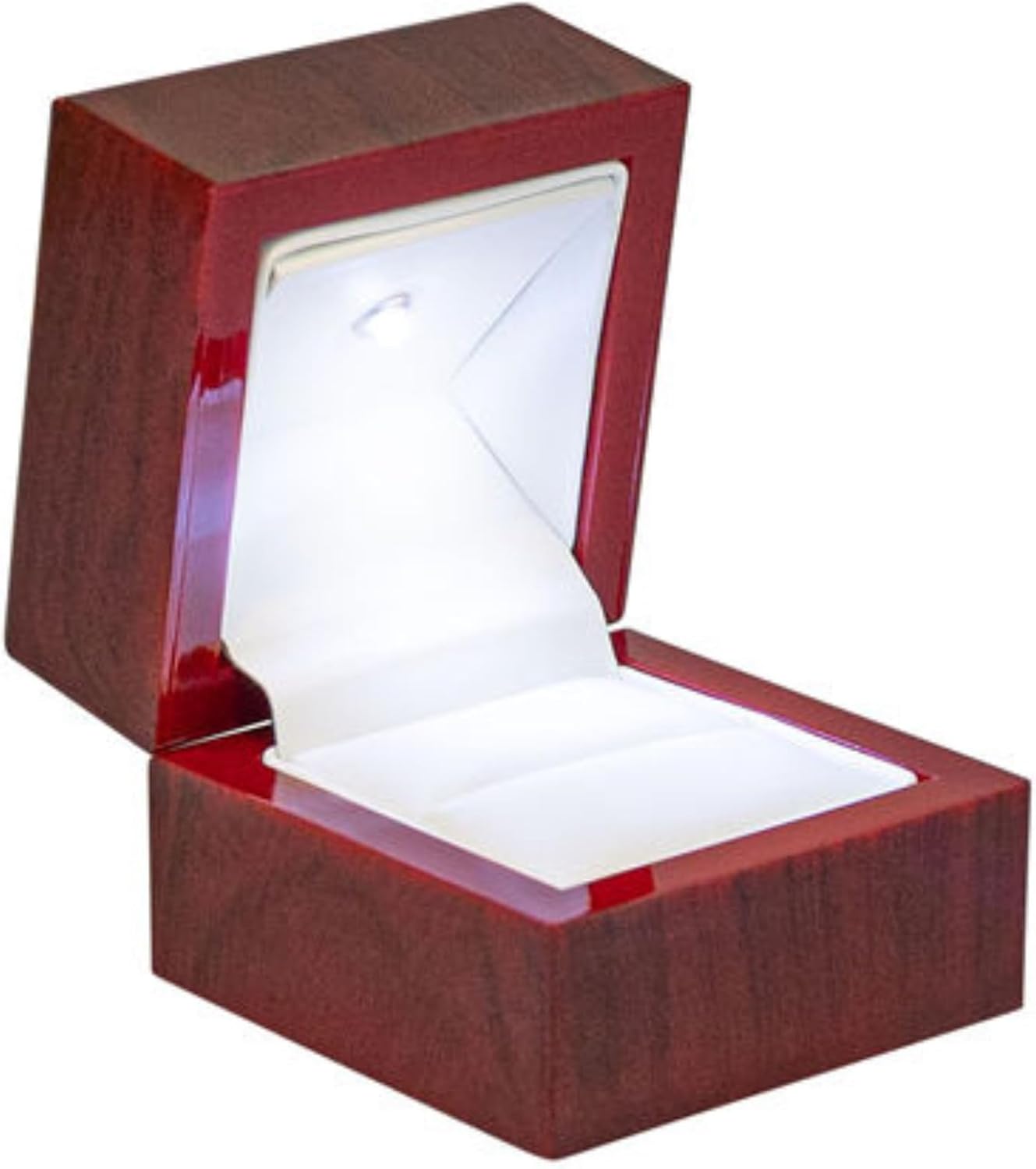Novel Box Cherry Luxury Ring Jewelry Box with LED Light 2.37x2.37x1.87 Inches - Authentic Mahogany with White Insert - Unique Ring Box for Proposal, Engagement, Wedding, or Small Jewelry Display Gifts
