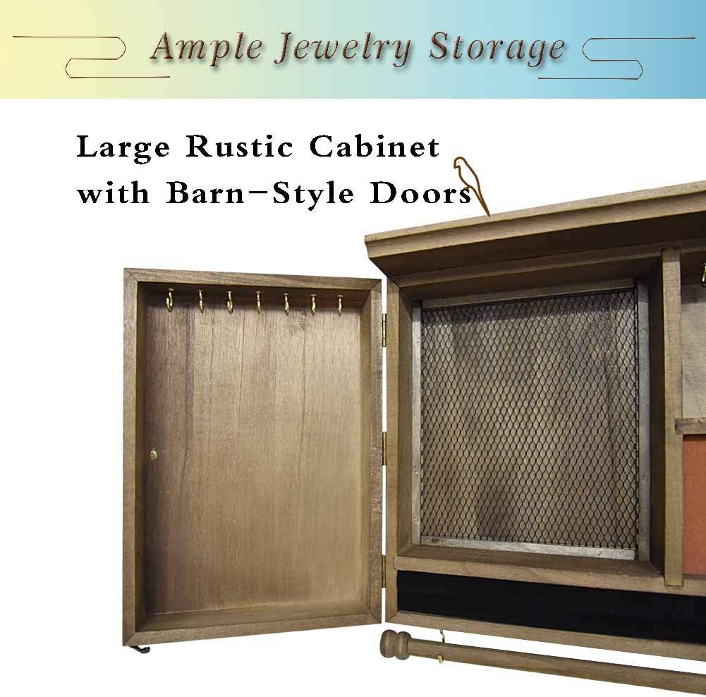 Rustic Wall Mounted Jewelry Organizer,Vintage Wooden Hanging Jewelry Holder Box with Barndoor Decor for Necklaces, Earings, Bracelets, Rings, Accessories. Includes Hook Organizer