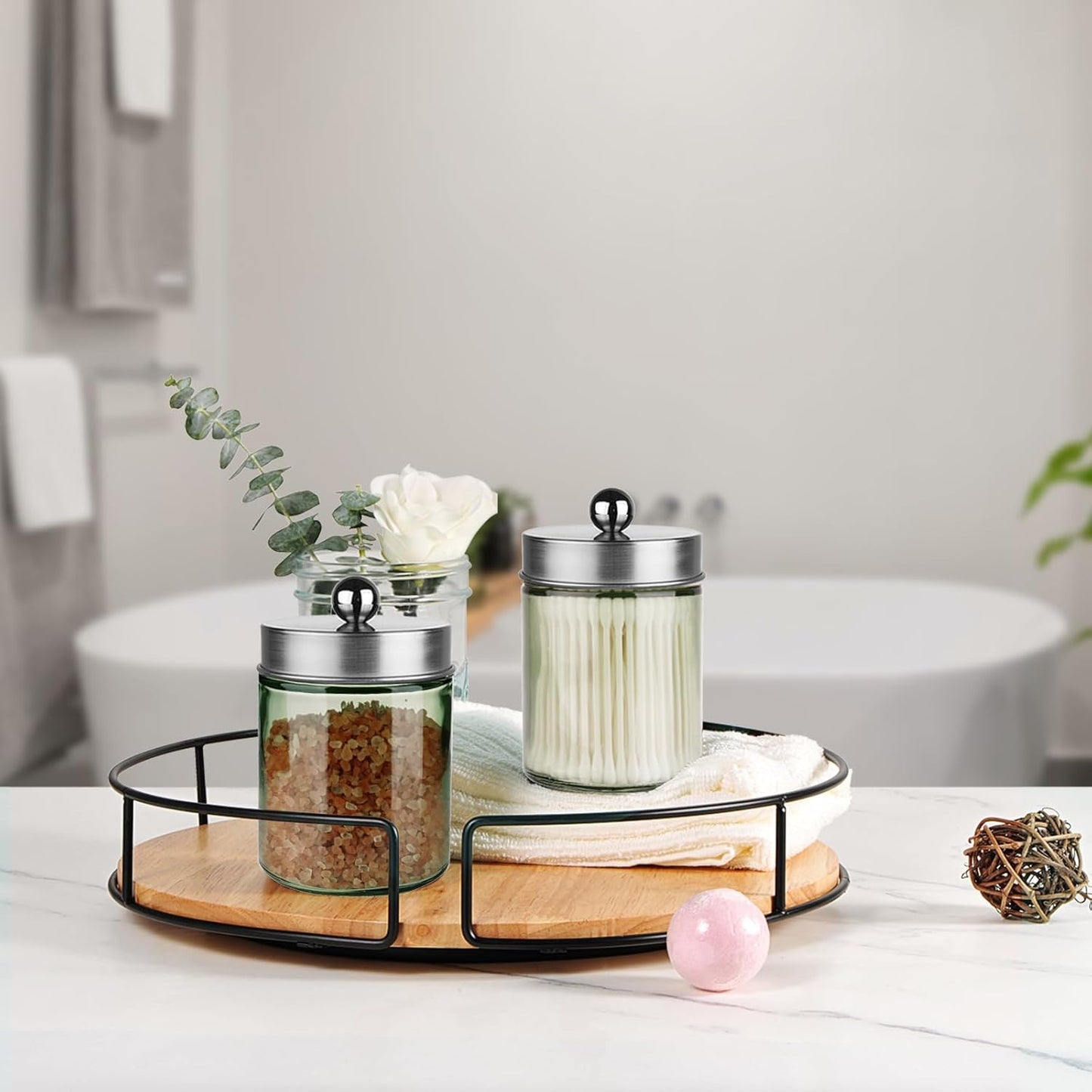 Amolliar Sage Green Qtip Holder, Glass Apothecary Jar Metal Lid & Sticker, Bathroom Qtip Dispenser Storage Canister, Perfect for Cotton Balls, Swabs, Round Pads, Bath Salt, Floss,Brushed Nickel 2 Pack