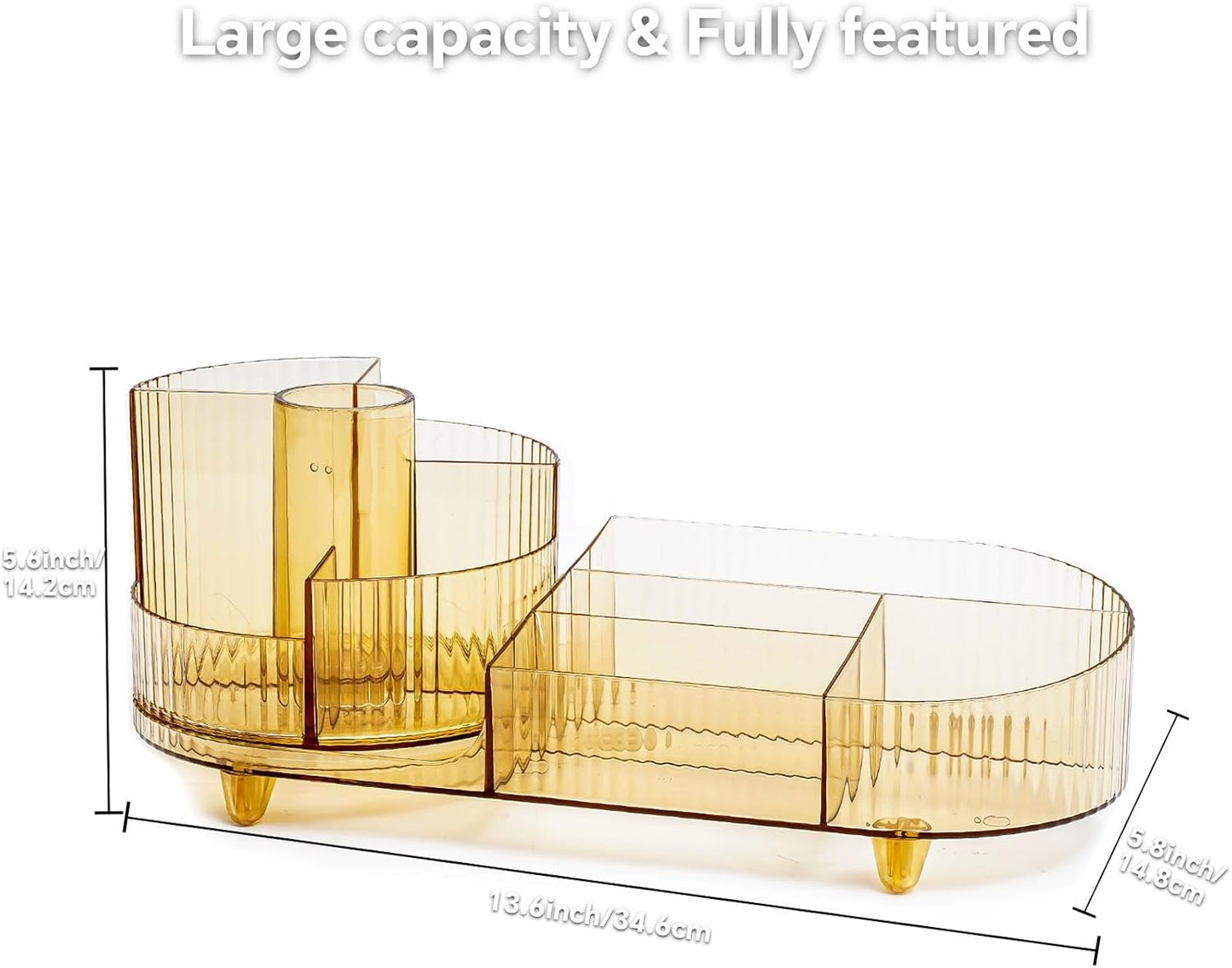 Cosmetic Makeup Storage Organizer, Countertop Makeup Perfume, Rotating Makeup Organizer for Vanity with Brush Holder, Lotions Display Case, Large Spinning Makeup Skincare Organizer (Transparent Gold)