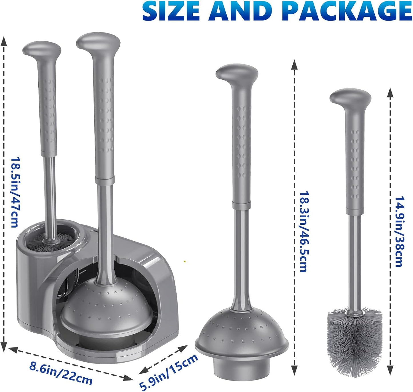 Toilet Brush and Plunger Set: 2-in-1 Heavy Duty Toilet Plunger and Bowl Brush Combo with Holder for Bathroom Cleaning - Grey