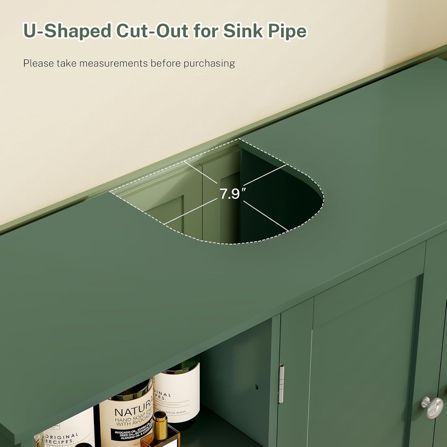 TEENFON 35.4" Pedestal Sink Storage Cabinet with 2 Doors and Adjustable Shelves, Bathroom Sink Cabinet, Under Sink Storage with U-Shape Cut-Out, Green UNYSG034V