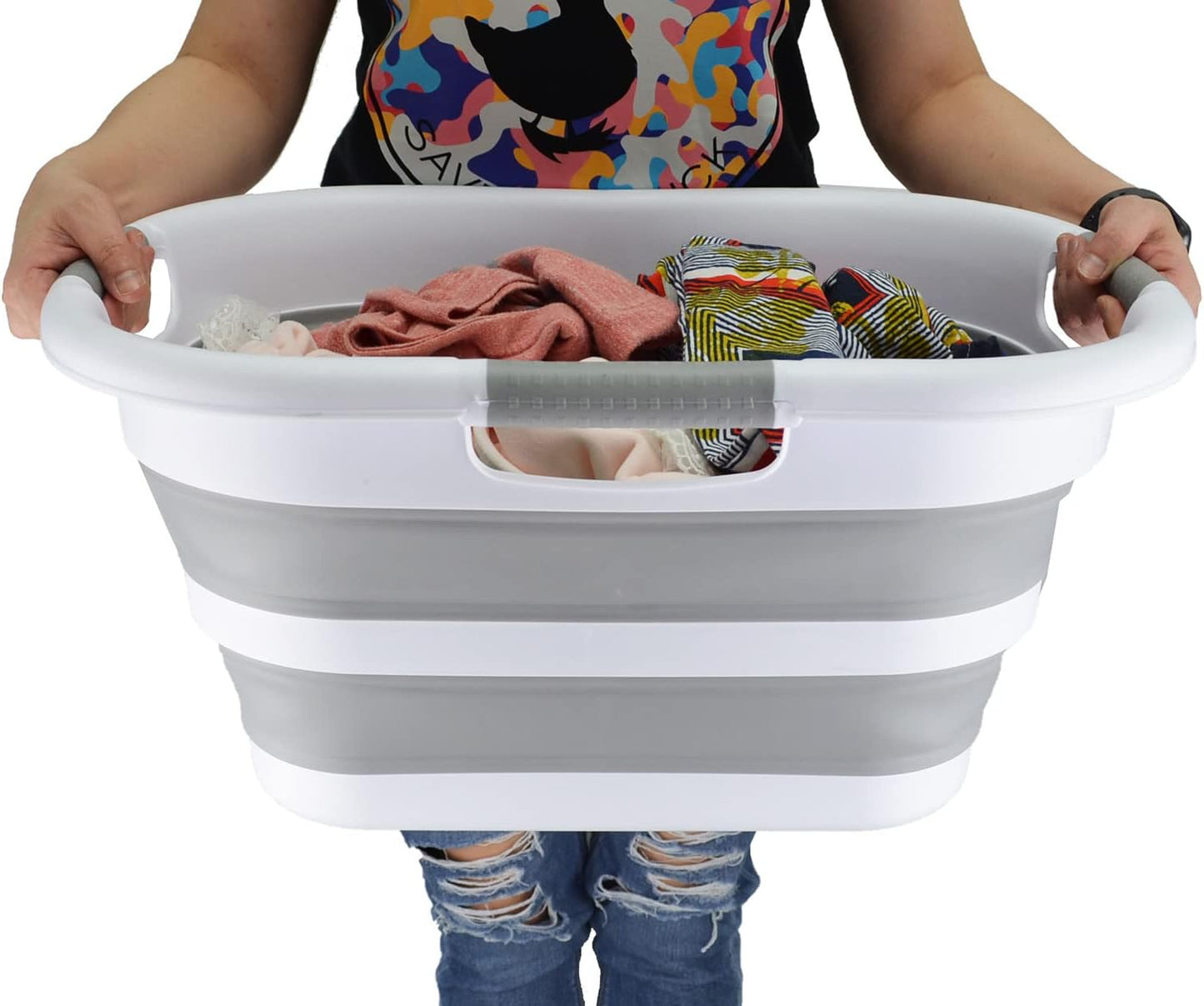 SAMMART 30L (7.9 gallon) Collapsible Plastic Laundry Basket - Foldable Pop Up Storage Container/Organizer - Portable Washing Tub - Space Saving Hamper/Basket (1, White/Grey)