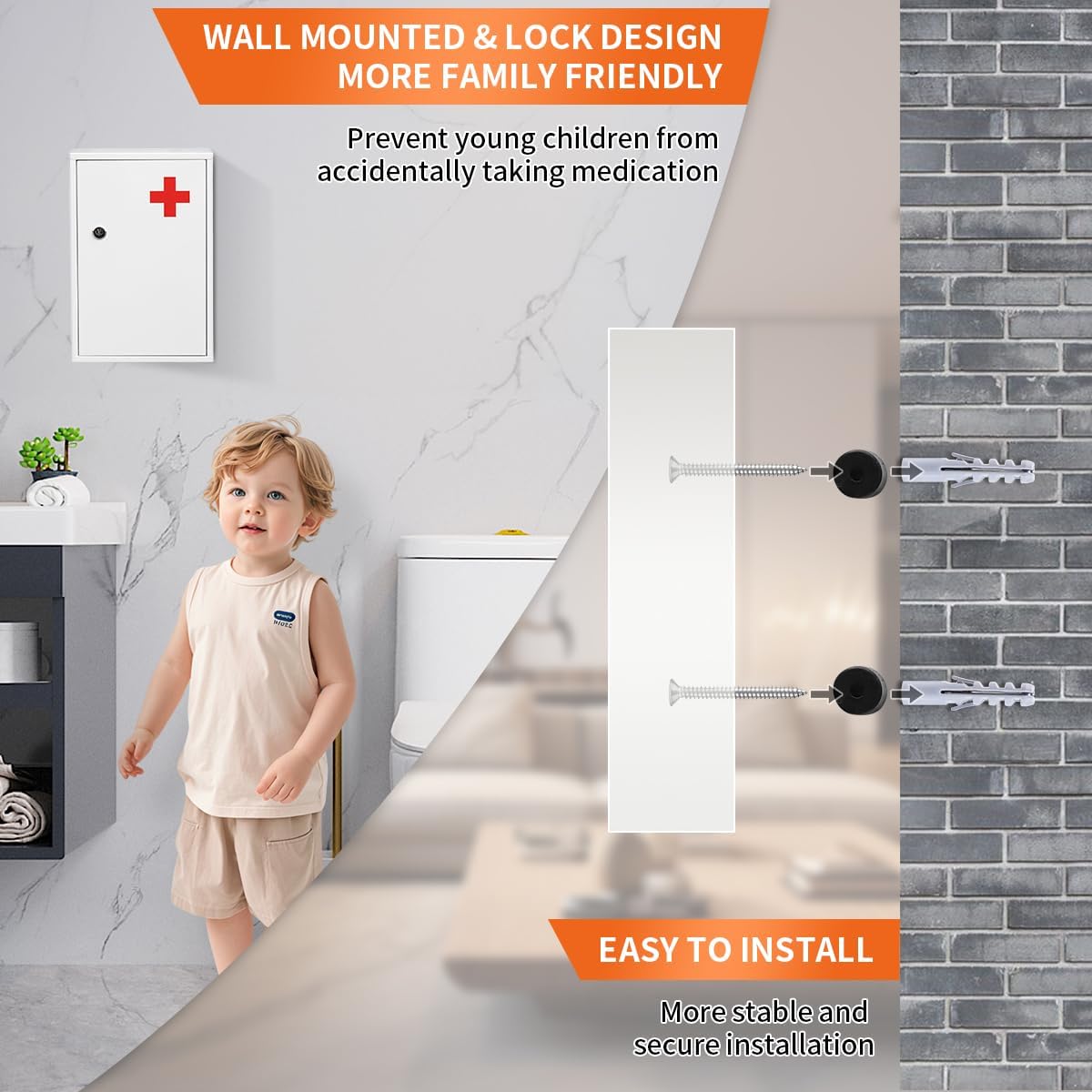 Steel Wall-Mount Lockable Medical Cabinet, 2-Tier Medical Box with Key, Metal Storage Box, Medicine Organizer Secure Large Capacity, First Aid Cabinet for Bathroom School 12.59×8.46×3.14"
