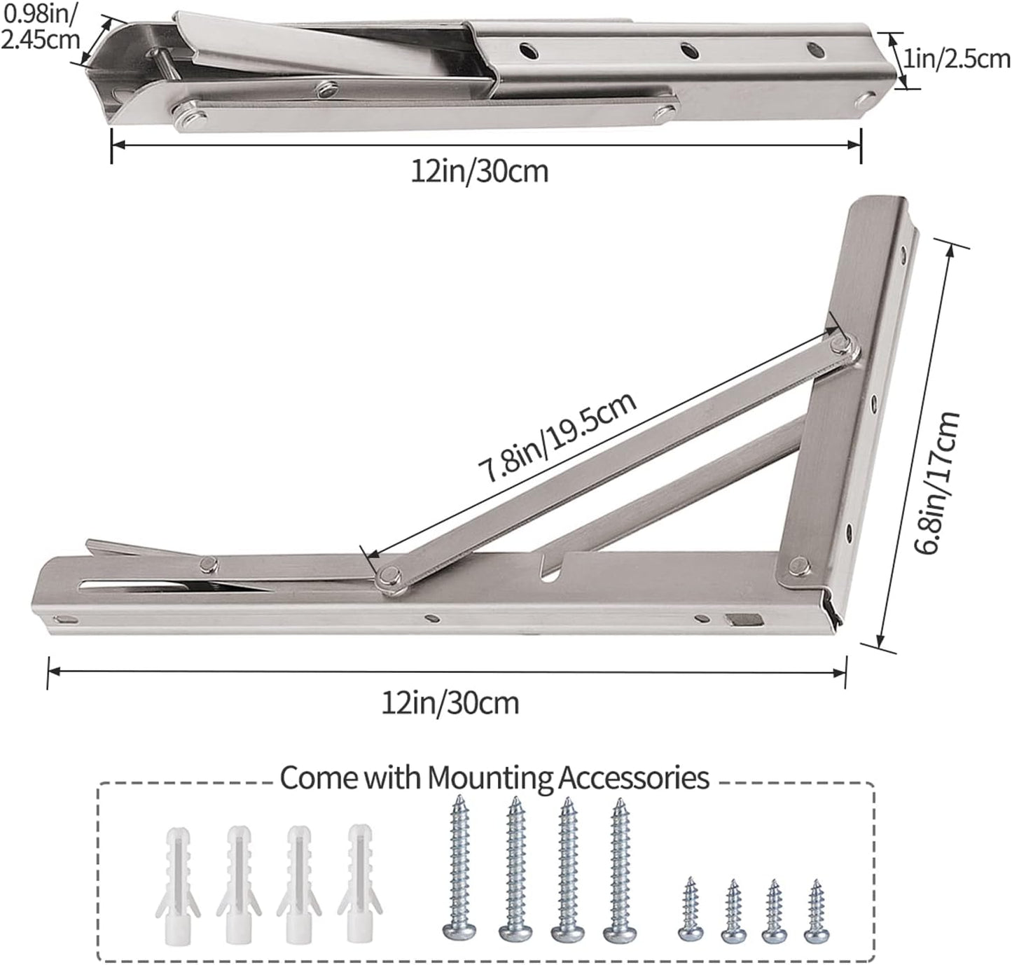 YUMORE Folding Shelf Brackets 12", Max Load: 330lb Heavy Duty Stainless Steel Collapsible Shelf Bracket for Table Work Bench, Space Saving DIY Bracket, Pack of 2