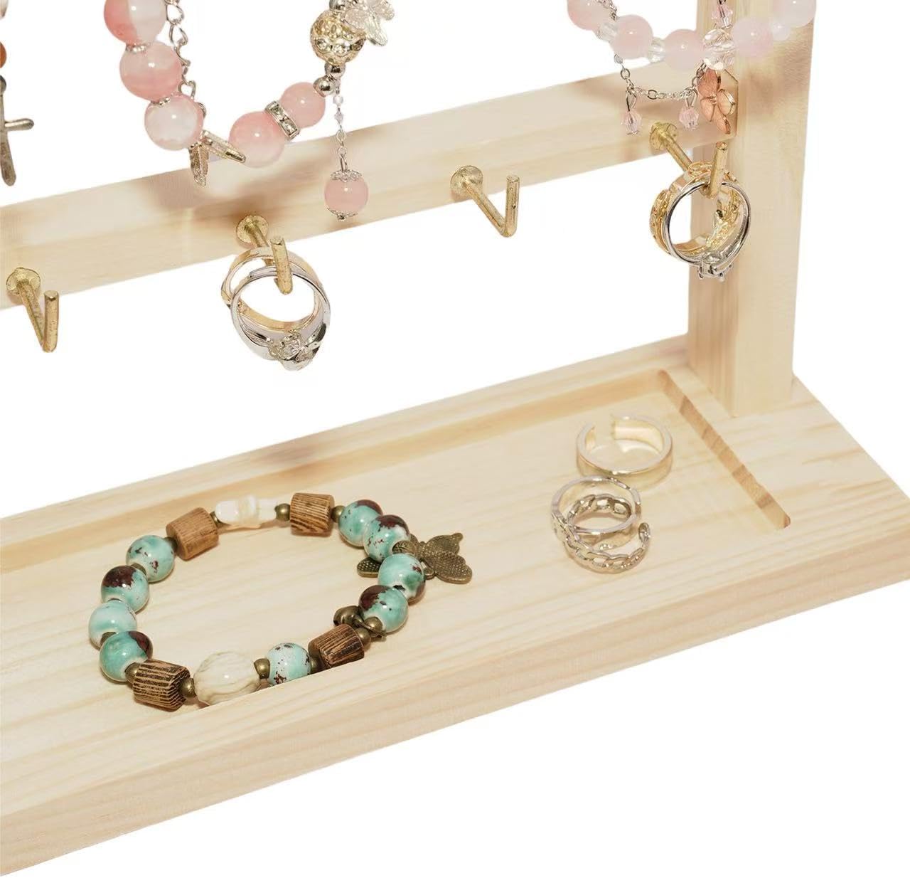 2 Layers of Wooden Display Eacks With Hooks for Necklaces. Rings, Earrings, Bracelets, And Other Jewelry Storage Display Rack