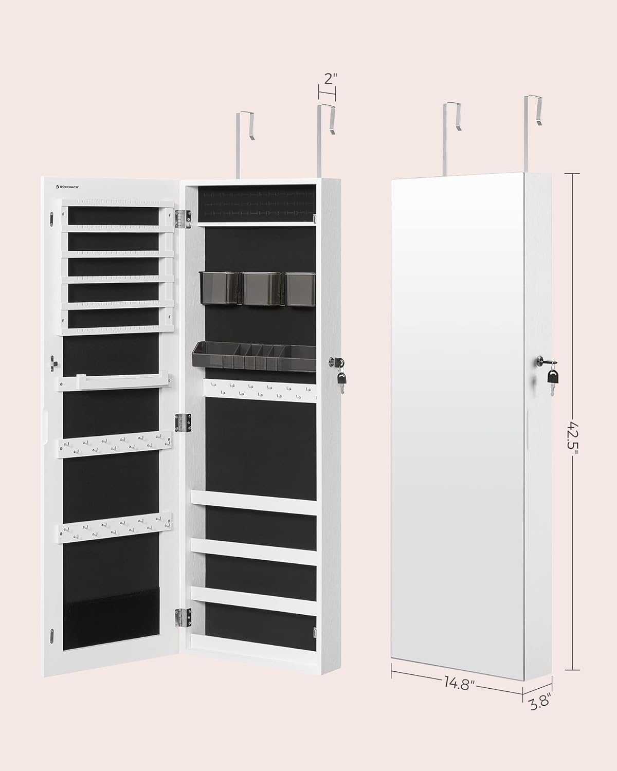 SONGMICS Jewelry Cabinet Armoire, Lockable Wall-Mounted Organizer Unit with 2 Plastic Cosmetic Storage Trays, Full-Length Frameless Mirror, Christmas Gift, White UJJC001W01