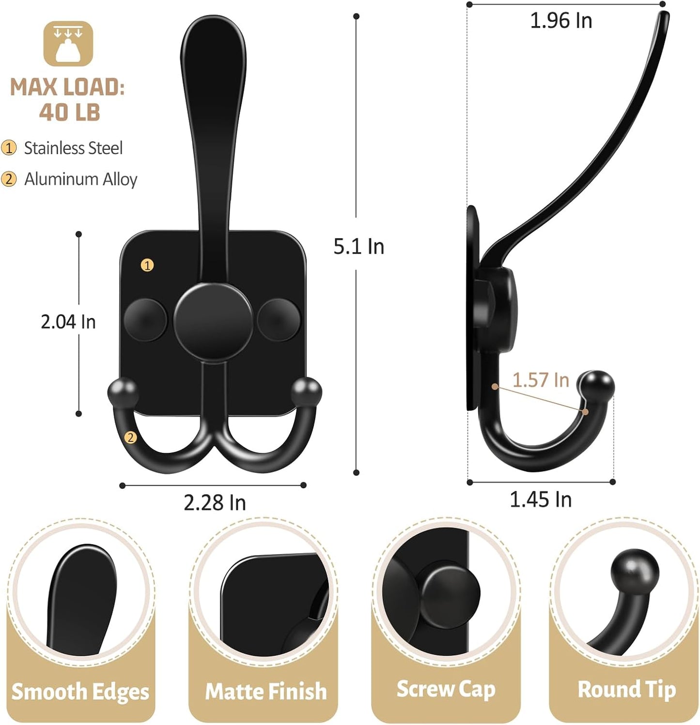 VIS'V 3 Prong Coat Hooks Wall Mount, Metal Self Adhesive Entryway Wall Hooks, 2 Mount Options, Black, 4 Pcs