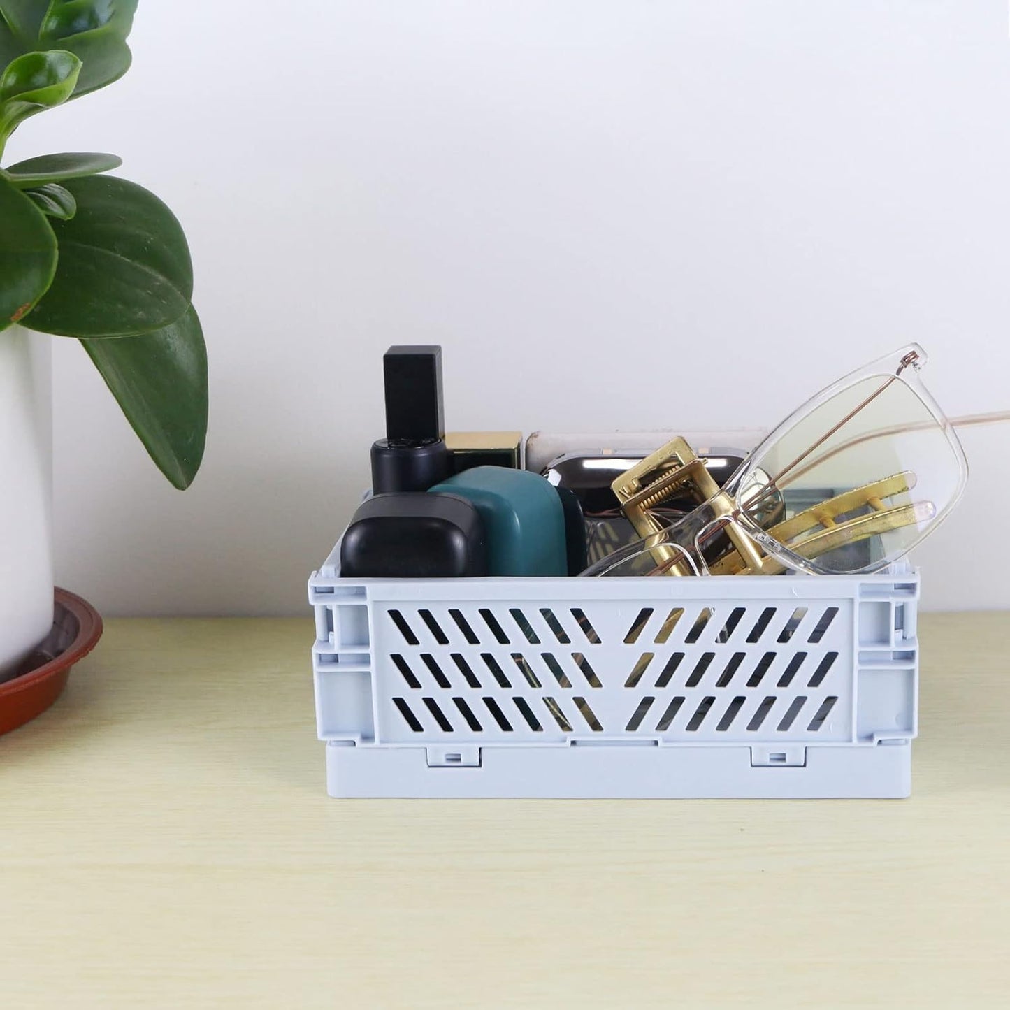 Tixill 2-Pack Mini Foldable Plastic Baskets for Organizing and Storage, Collapsible Storage Crate for Home Kitchen Bedroom Bathroom Office (5.9x3.8x2.2, Blue)