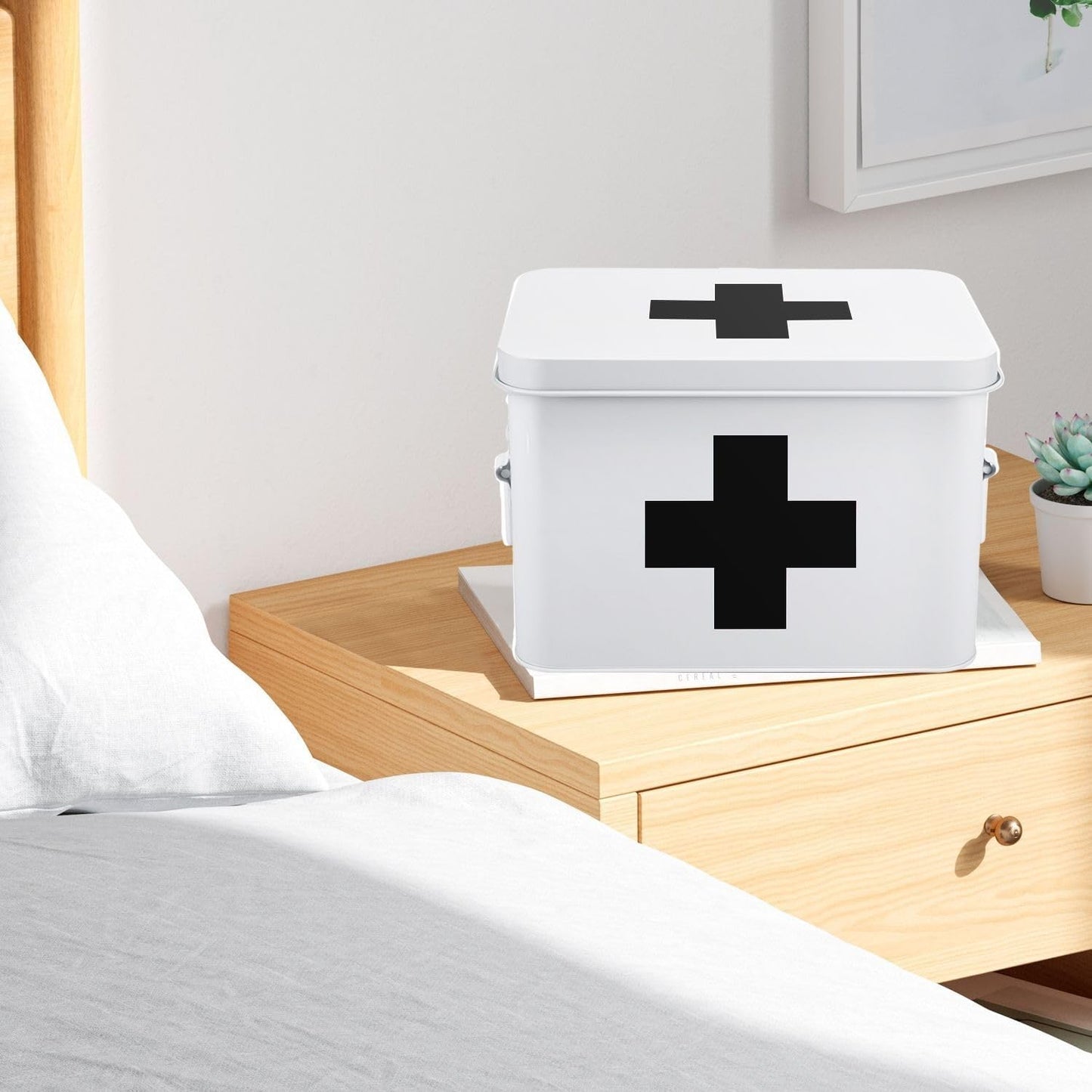Flexzion First Aid Medicine Box Supplies Kit Organizer - Empty 8" White Metal Tin Medic Storage Bin Hard Case with Removable Tray Gold Cross, Vintage Antique Boxes for Home Family Emergency Tool Set