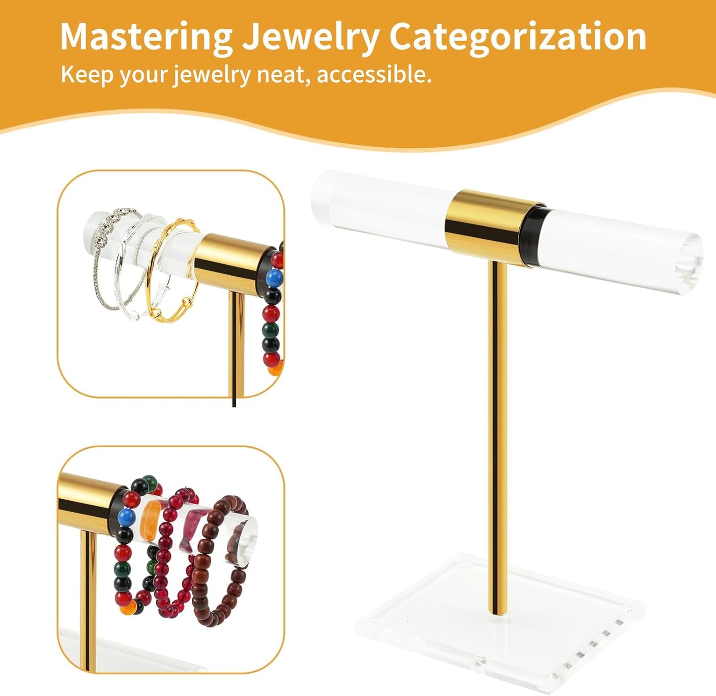 Acrylic Bracelet Holder Display Stand, Tangle-Free T-Bar Necklace Display for Vendors Retail Store Home, Clear Jewelry Organizer, Bangles Watch Holder Stands with Gold Stainless Rod
