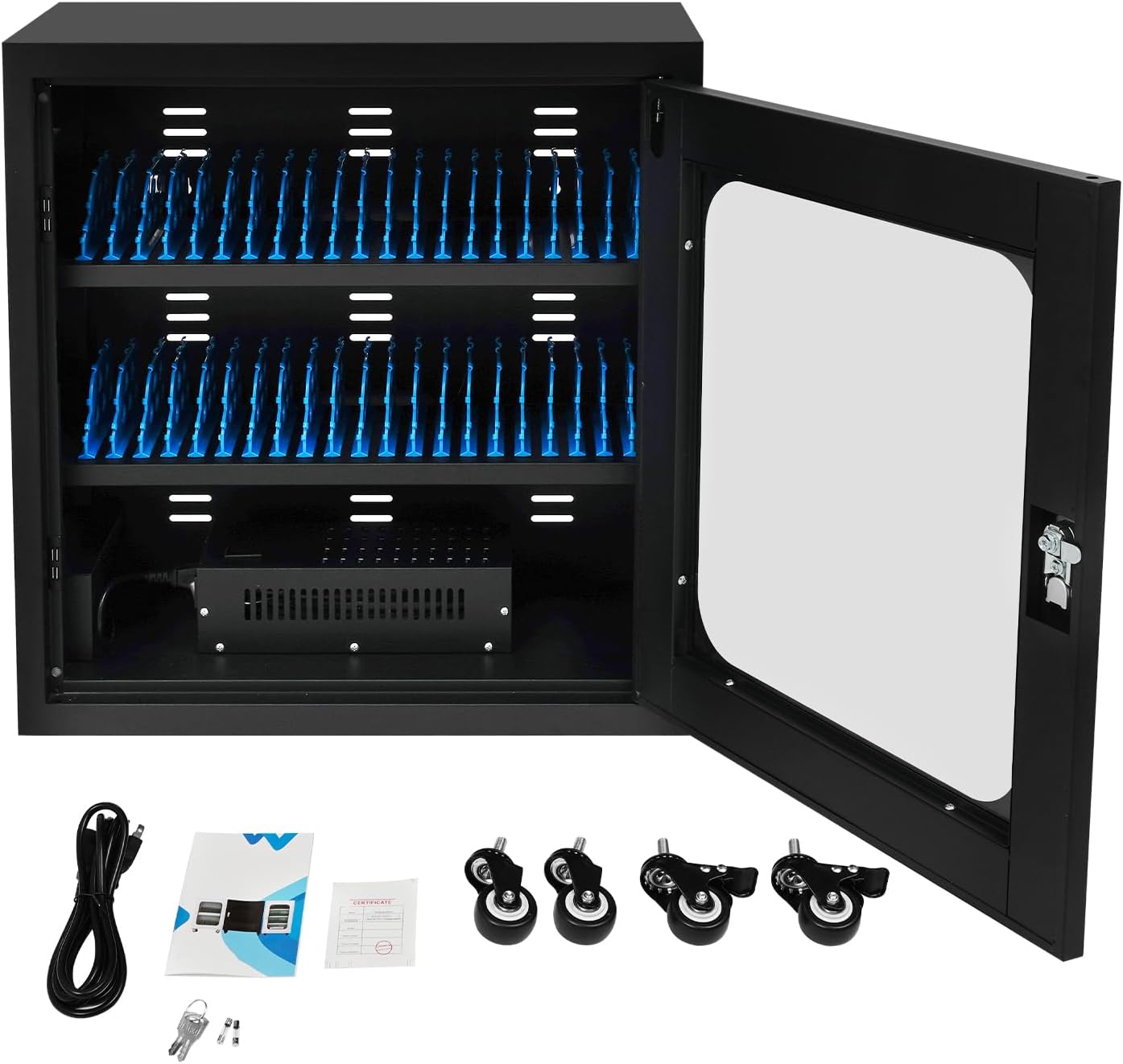 40-Slot Cell Phone Charging Station Cabinet with USB, 400W High-Power Portable Mobile Charging Locker with Wheels & Lockable Tempered Glass Door (Black)