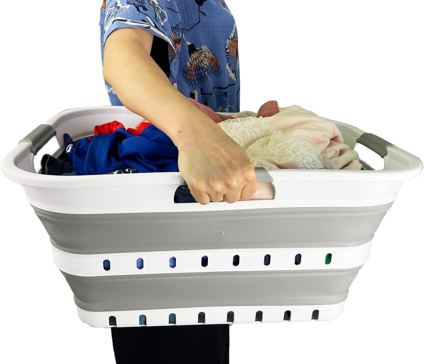 SAMMART 42L (11 gallon) Collapsible Plastic Laundry Basket - Foldable Pop Up Storage Container/Organizer - Space Saving Hamper/Basket (1, Grey/White)