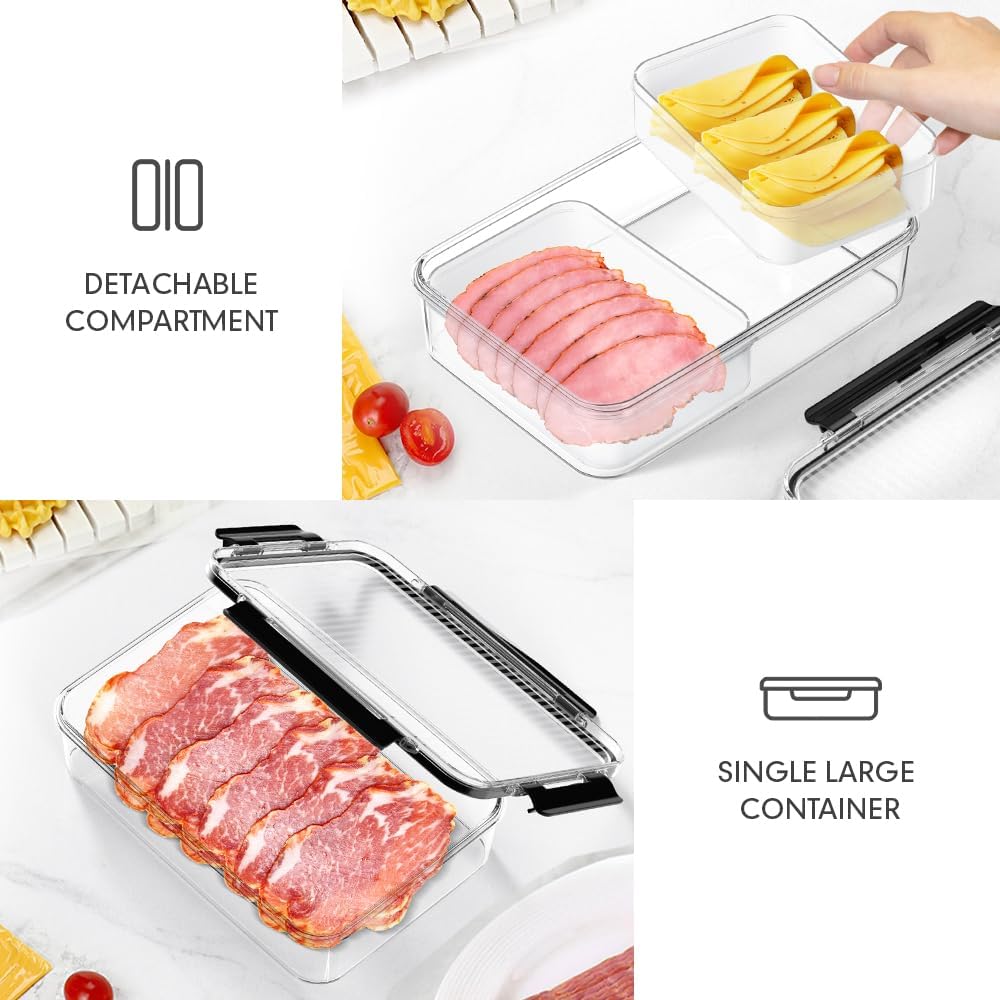 Deli Meat Container for Fridge Organizers and Storage, Ham and Cheese Container for Fridge, 11 Inches Long Lunch Meat Containers for Refrigerator, 2 Compartment Snack Containers with Clear Lid