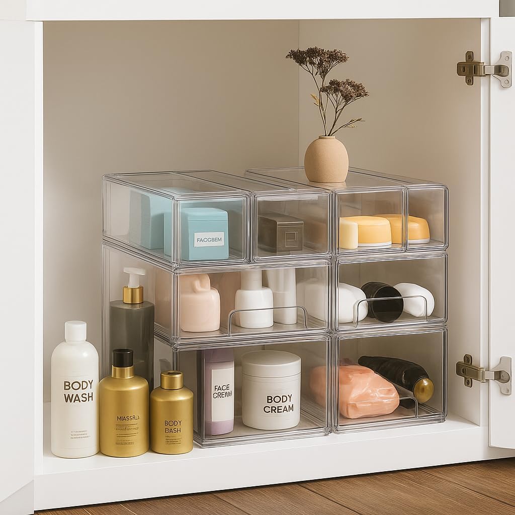 Sorbus 2 Medium & 4 Small Clear Stackable Storage Drawers – Plastic Organizer Bins with Handles – Stackable Pull-Out Storage Drawers for Closet, Pantry, Office, Bathroom, Craft, and Toy Organization