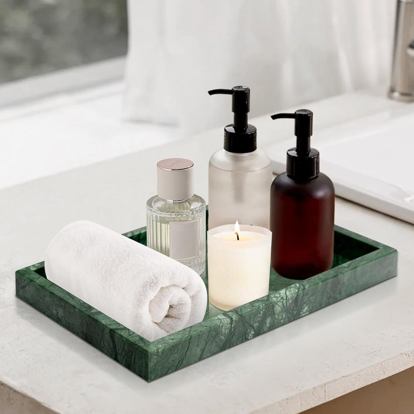 Green Marble Tray,Pure Natural Vanity Tray,Marble Trays for Kitchen Counter Non-Ceramic/Non-Resin,Stone Tray 12 x 8 inch