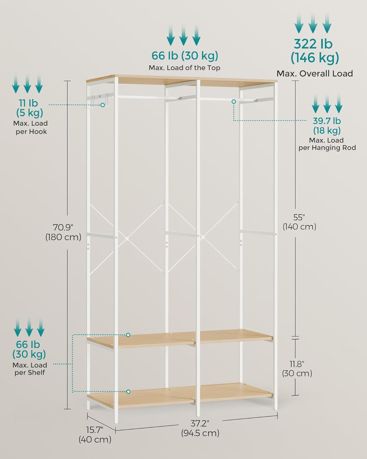 SONGMICS Clothes Rack, Iron and Wood Wardrobe Closet Organizer, Heavy Duty Garment Rack with Hanging Rods, Closet Shelves, Removable Hooks, 15.7 x 37.2 x 70.9 Inches, Natural Beige URGR004W67
