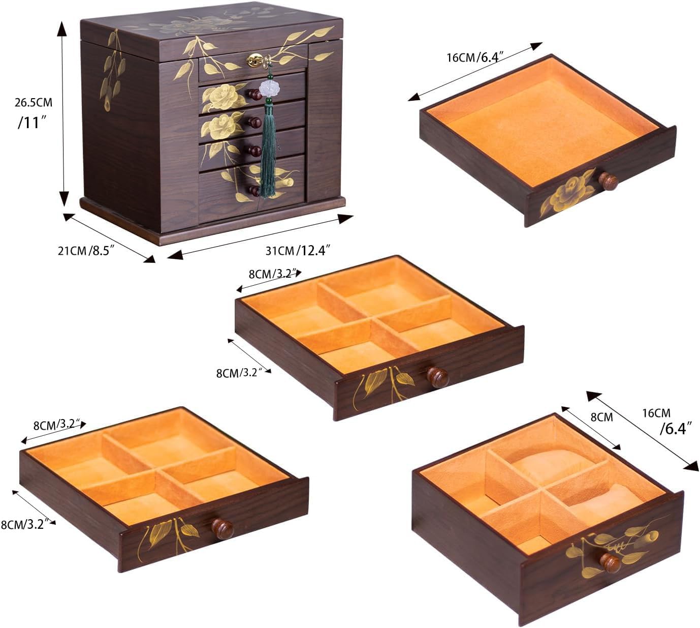 Wooden Jewelry Box for Women, 5-Layer Large Wood Jewelry Boxes & Organizer with Drawers for Rings Necklaces,Hand-painted rose flowers jewelry case organizer,jewelry safe