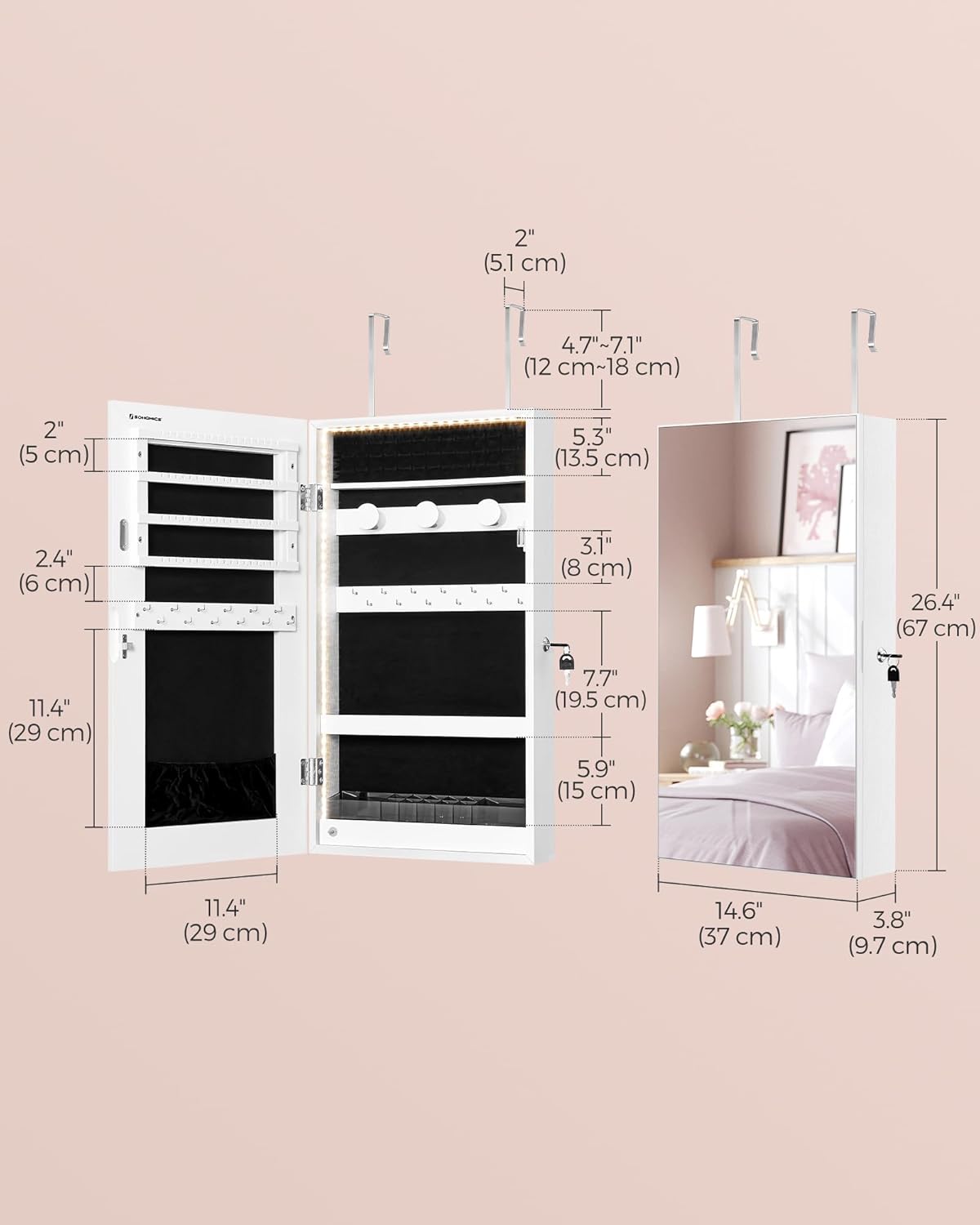 SONGMICS Mirror Jewelry Cabinet Armoire with Built-in LED Lights, Wall or Door Mounted Jewelry Storage Organizer, 3.8 x 14.6 x 26.4 Inches Hanging Mirror Cabinet, Christmas Gift Idea, White UJJC050W01