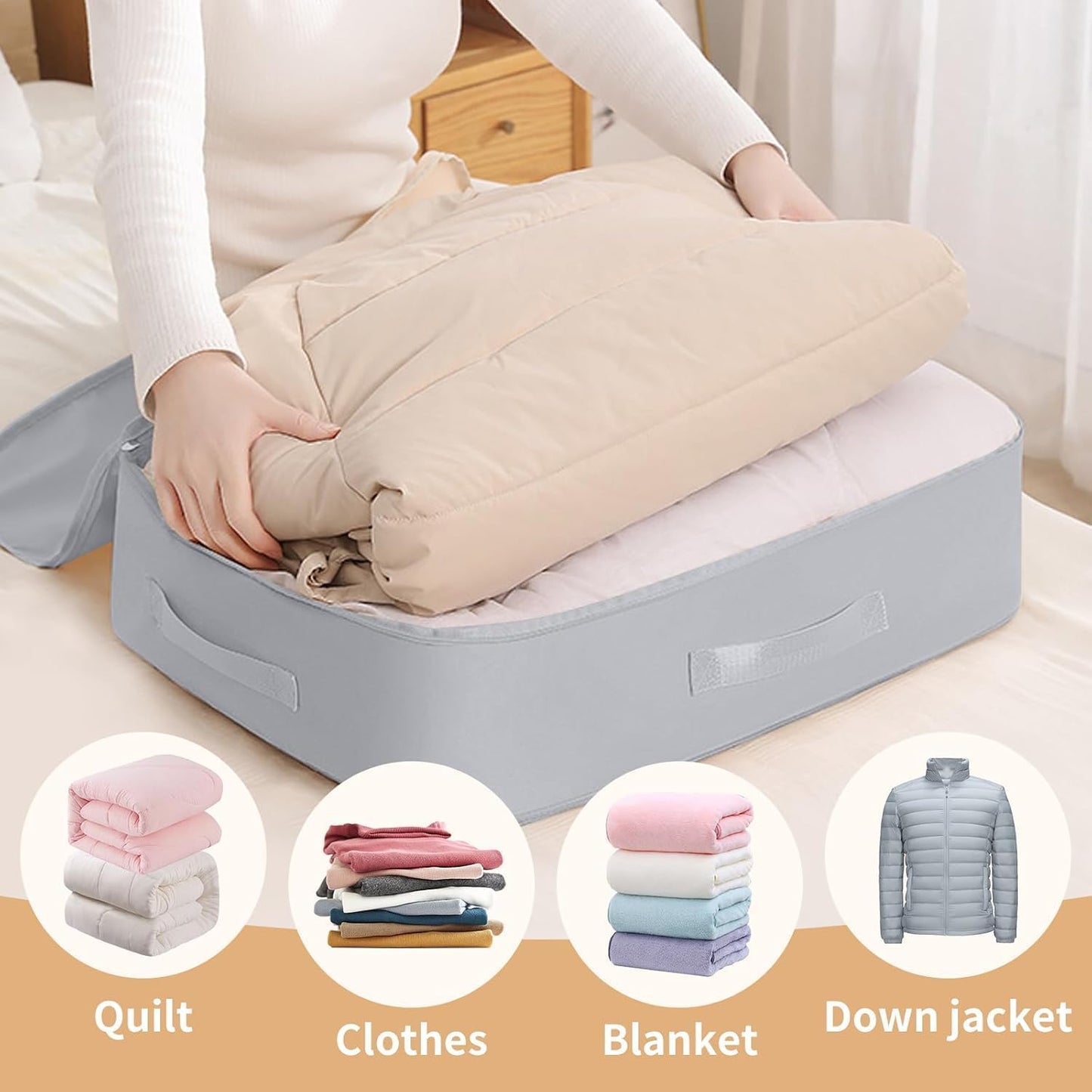 Ultra Space Saving Self Compression Organizer, 2025 New Large Capacity Storage Bag, Thick Satin Fabric Heavy Duty Bags for Comforters Blankets Bedding Duvet (Beige, Large, 21x17x12in)