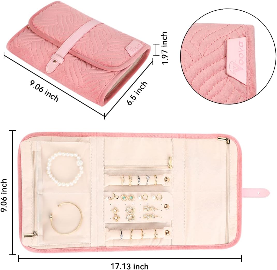 Voova Travel Jewelry Holder Organizer Case, Large Jewelry Storage Bag for Women Girls, Foldable Traveling Jewellery Pouch Roll for Necklaces Rings Earrings Bracelets, Pink