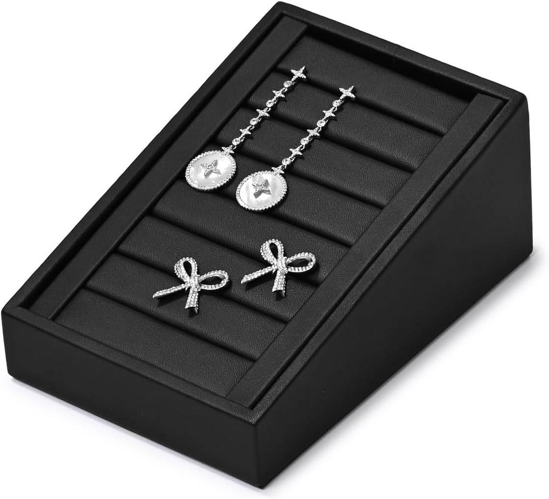 Oirlv Premium PU Leather Ring Tray Display Stand Slotted Ring Showcase Display Jewelry Organizer Jewelry Holder for Trade Show(Black)