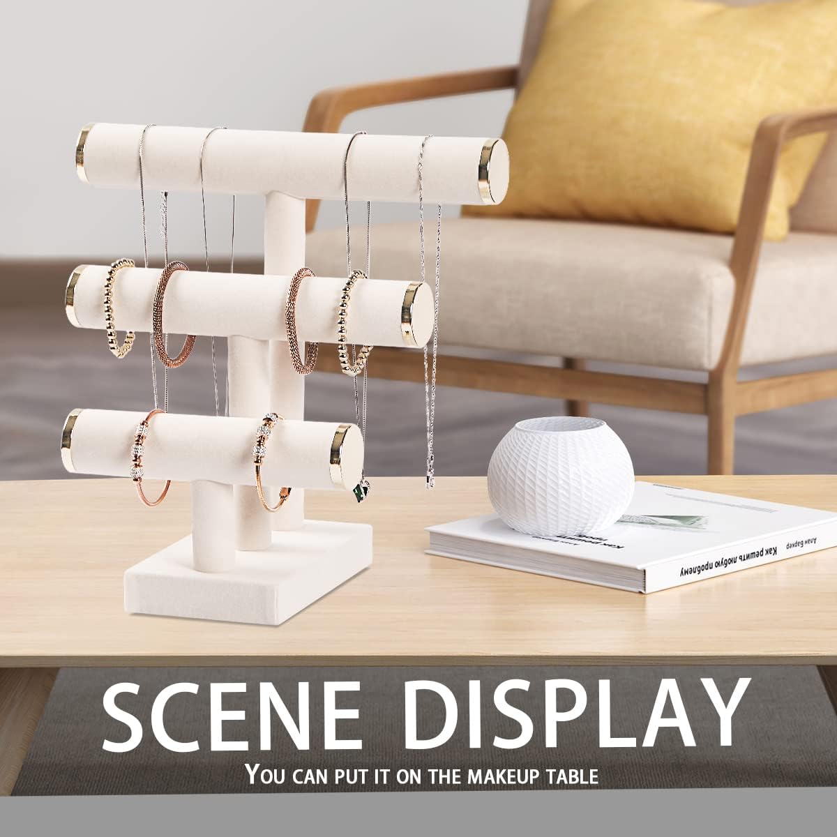 3 Tier Bracelet Holder,Bracelet Display Stand with Metal Cap,Beige White Velvet Jewelry Organizer Displays for Necklace Scrunchies Watches Hair Ties.