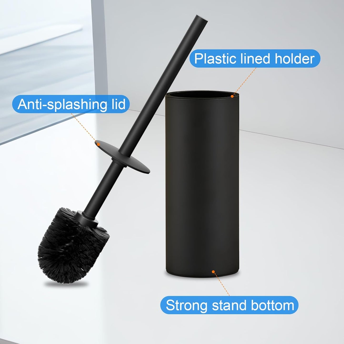304 Stainless Steel Toilet Bowl Brush and Holder Set, Circular Floor Toilet Brush Holder, Long Handle, Bathroom Heavy-Duty Cleaner, High-End Cylinder Wall,2 Brush Head (Black) YIGUANXIN