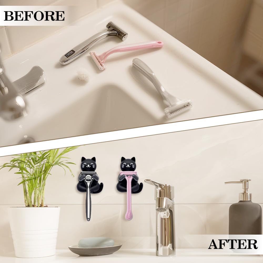 Cute Cat Waterproof Self-Adhesive Shower Hook Set, Funny Black Cat Razor Holder Bathroom Accessories for Men Women Cat Lover, Cat Lover Gifts for Women Men, Black Cat Bathroom Decor